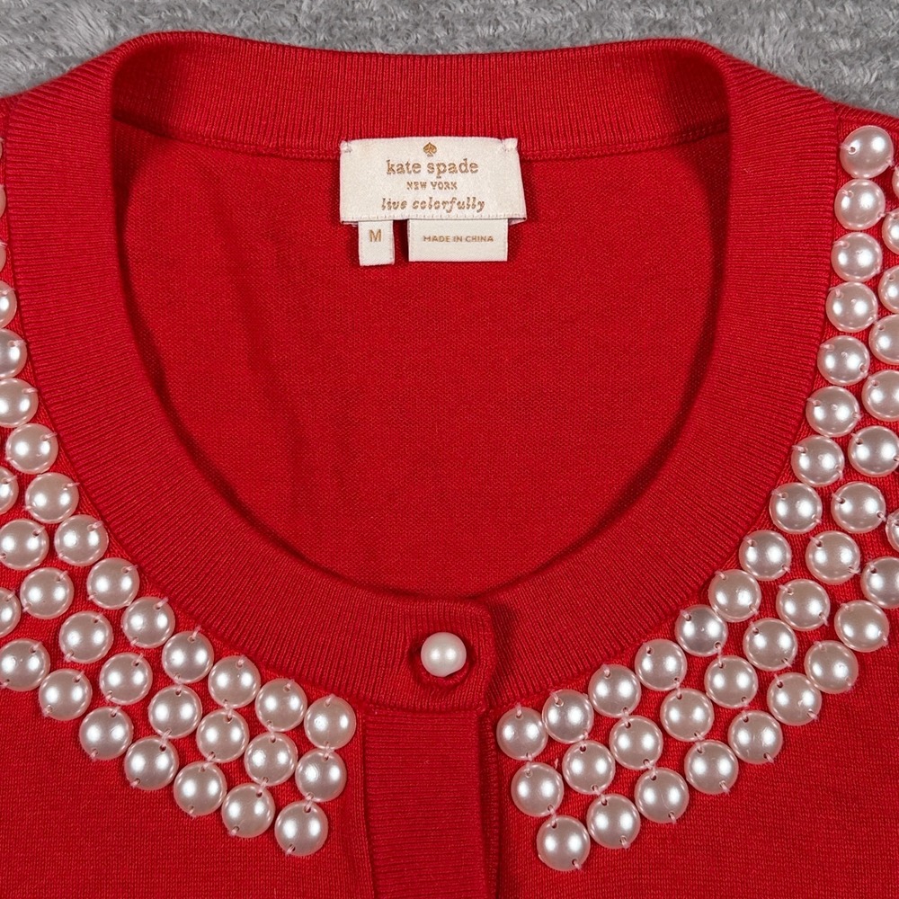 Kate Spade Red Embellished Cardigan Sweater Medium Silk Cashmere Cotton C258 - Picture 2 of 12